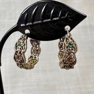 Vintage Brass Tone Filigree Hoop Earrings with Multicolored Rhinestones